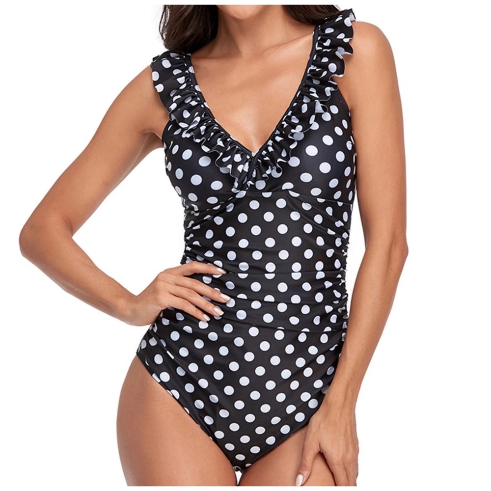 Cover Girl Polka Dot Ruffle Deep V Ruched Swimsuit